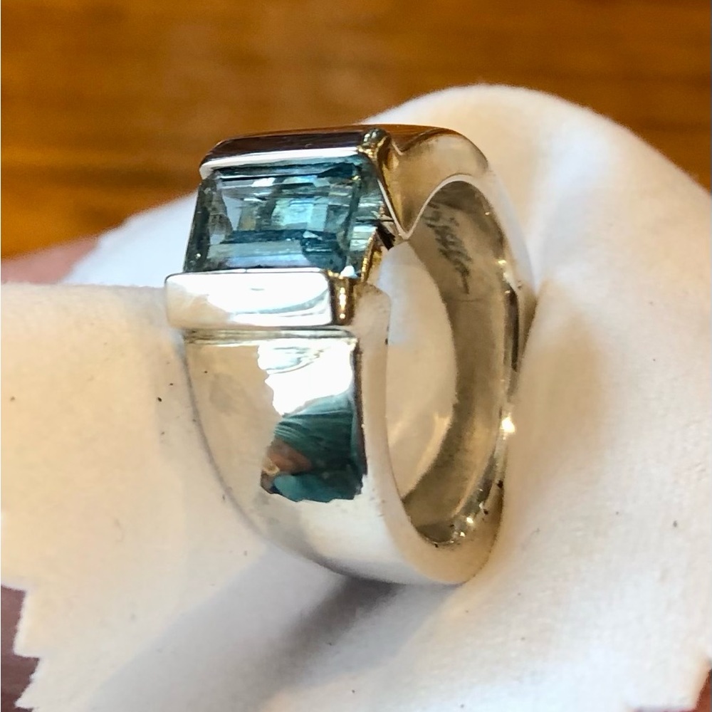 Aquamarine emerald cut ring: 1.55 carat in handcrafted heavy sterling silver